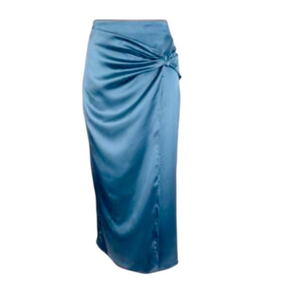 Zara Satín Effect Side Knot Ruched Midi Skirt Wrap Split Front Size Medium
